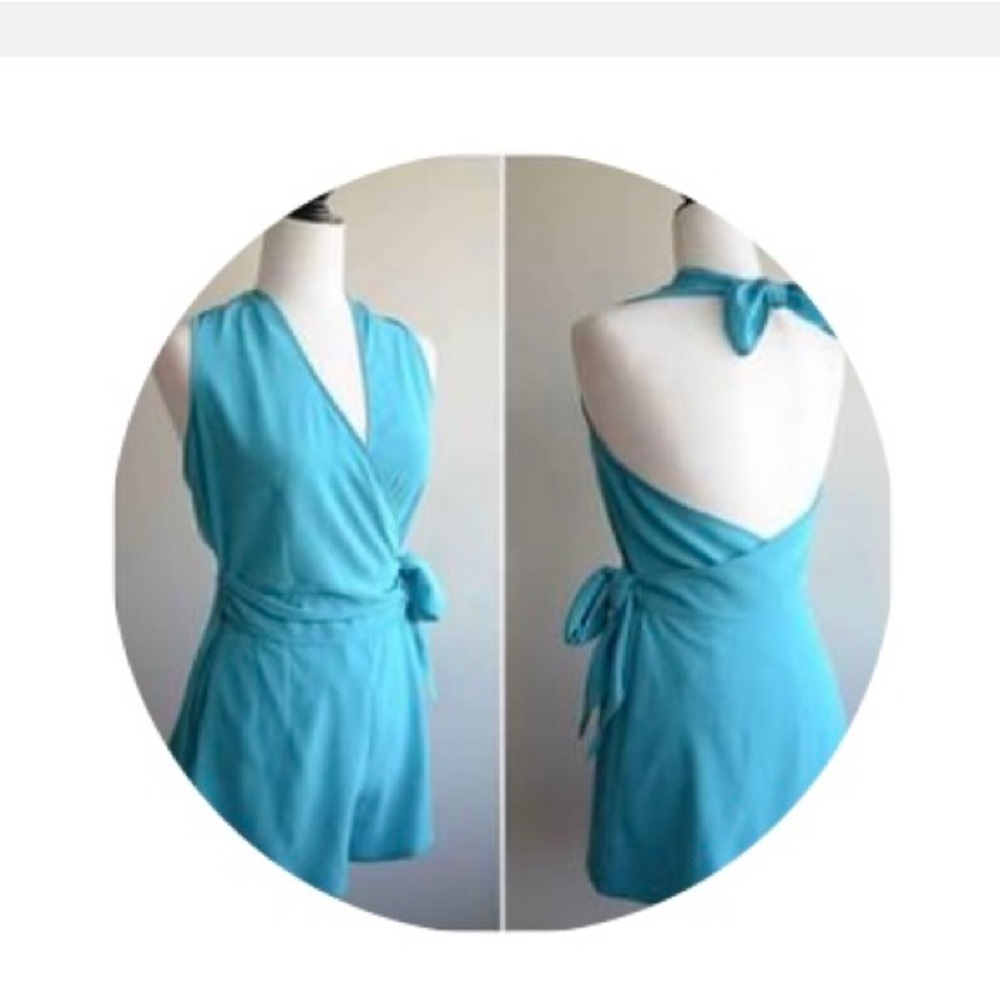 🇫🇷 Vintage Lolita Lempicka Turquoise Wrap-Around Backless Short Romper, Size 8